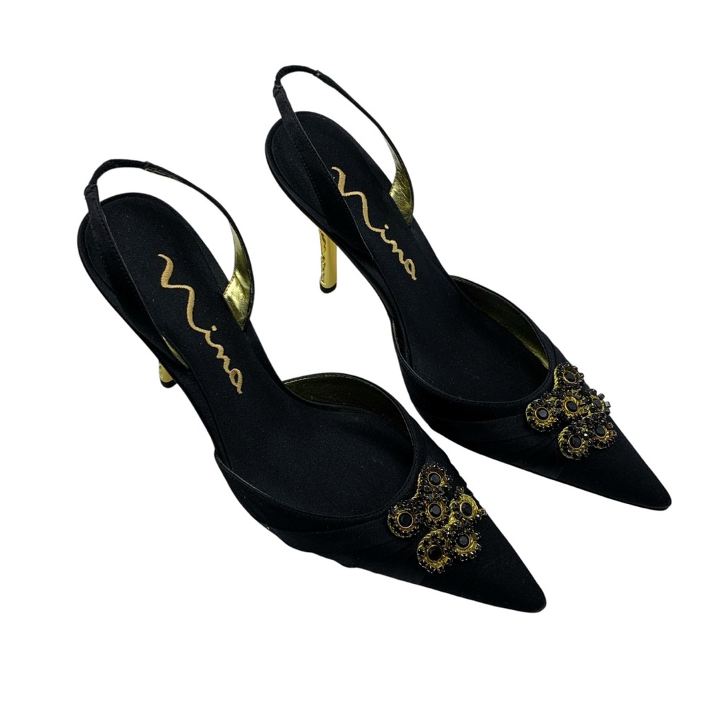 New! Nina’s Black Satin Sling Back Black Jewel accent in Gold with Gold heel